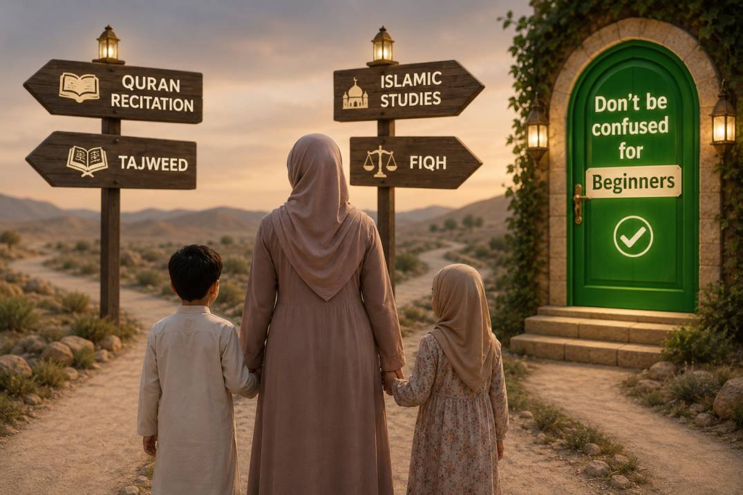 A Muslim child beginning their Arabic reading journey, guided by a caring teacher at Sirat Academy