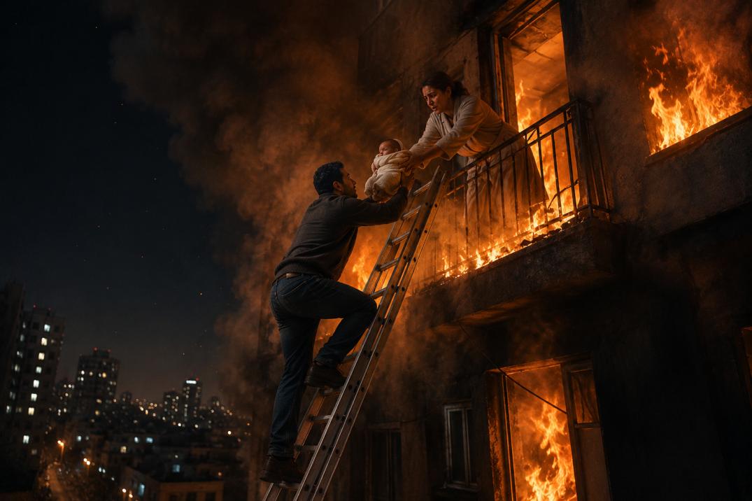 Illustration of a brave rescue with a ladder from a burning building at night