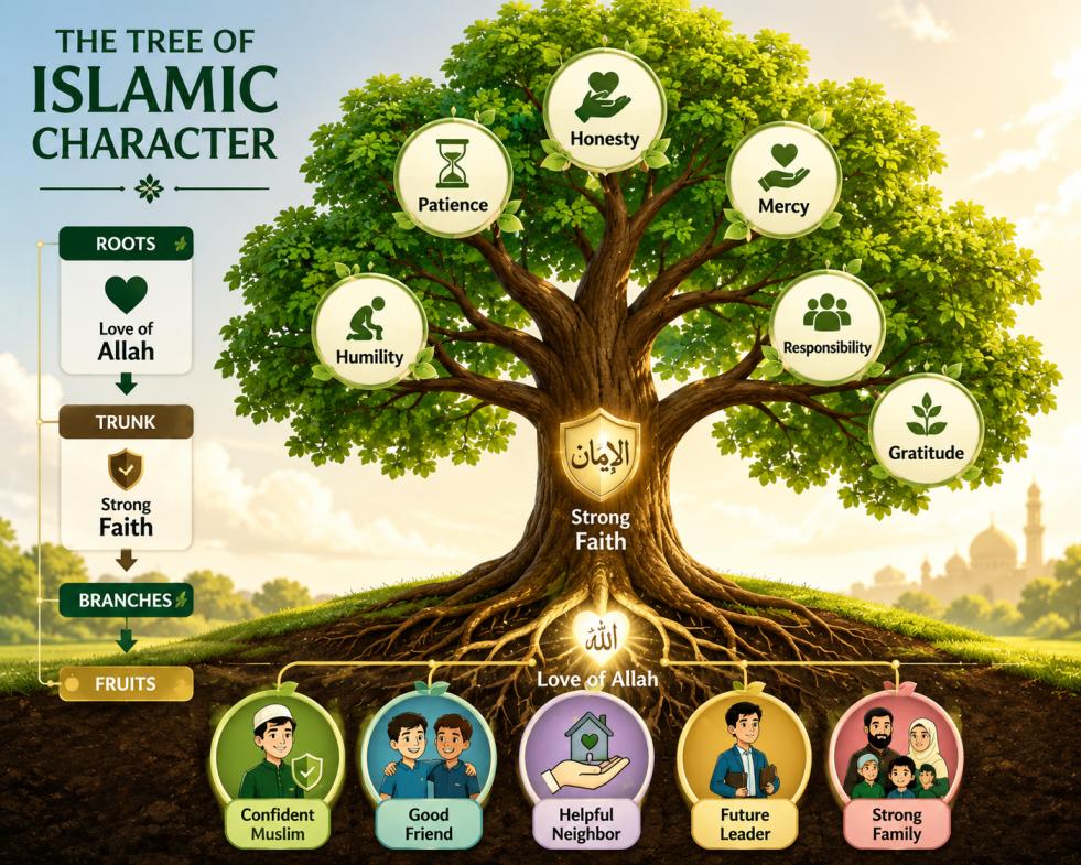 The five core Islamic values for children: love of Allah, honesty, compassion, responsibility, and courage