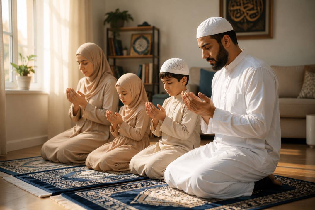 Muslim child praying with family, building consistent Islamic habits and daily routines