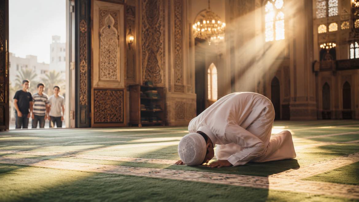 Muslim child praying at home while friends do not pray