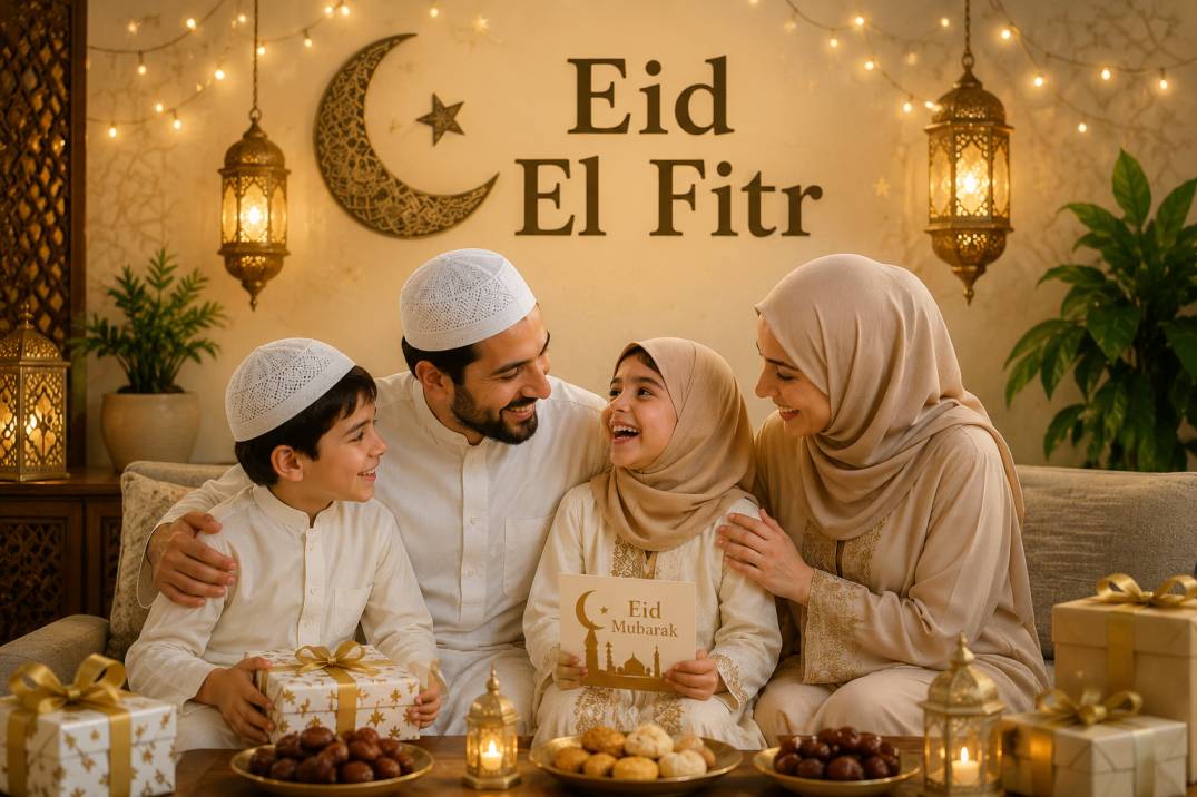Muslim family celebrating Eid together with joy and traditions at home