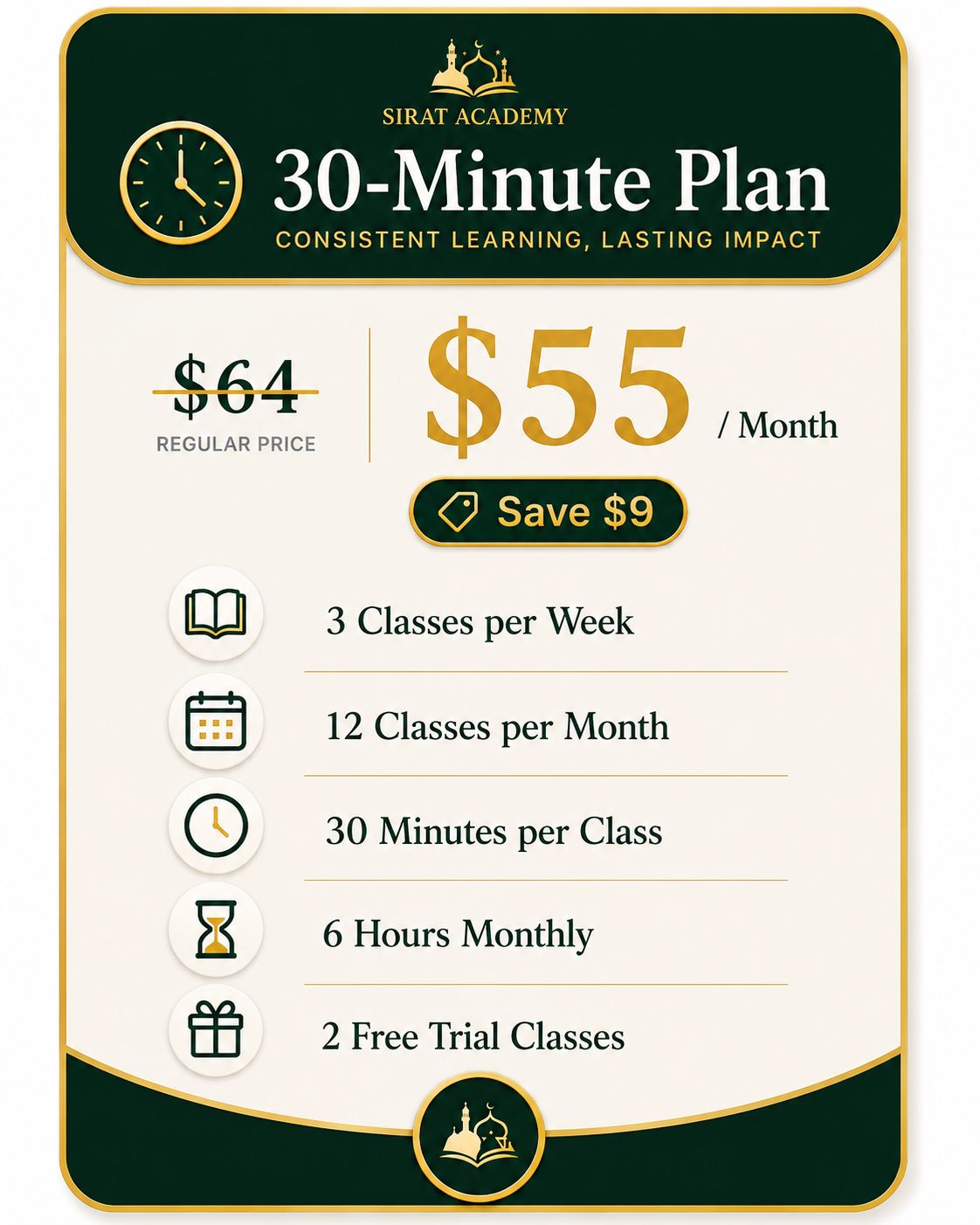 30-minute online Quran class plan – 3 classes per week at $55/month
