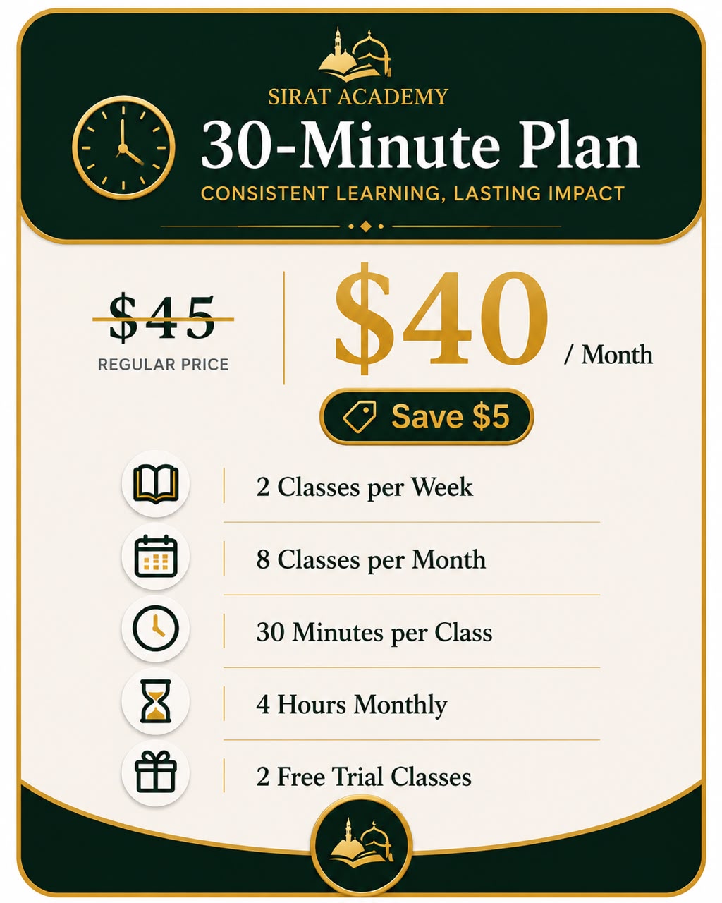 30-minute online Quran class plan – 2 classes per week at $40/month
