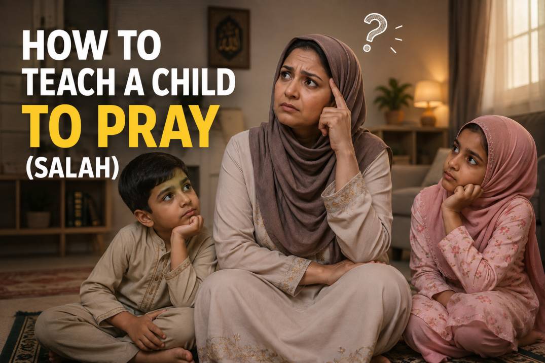 Muslim mother teaching her two children how to pray salah step by step