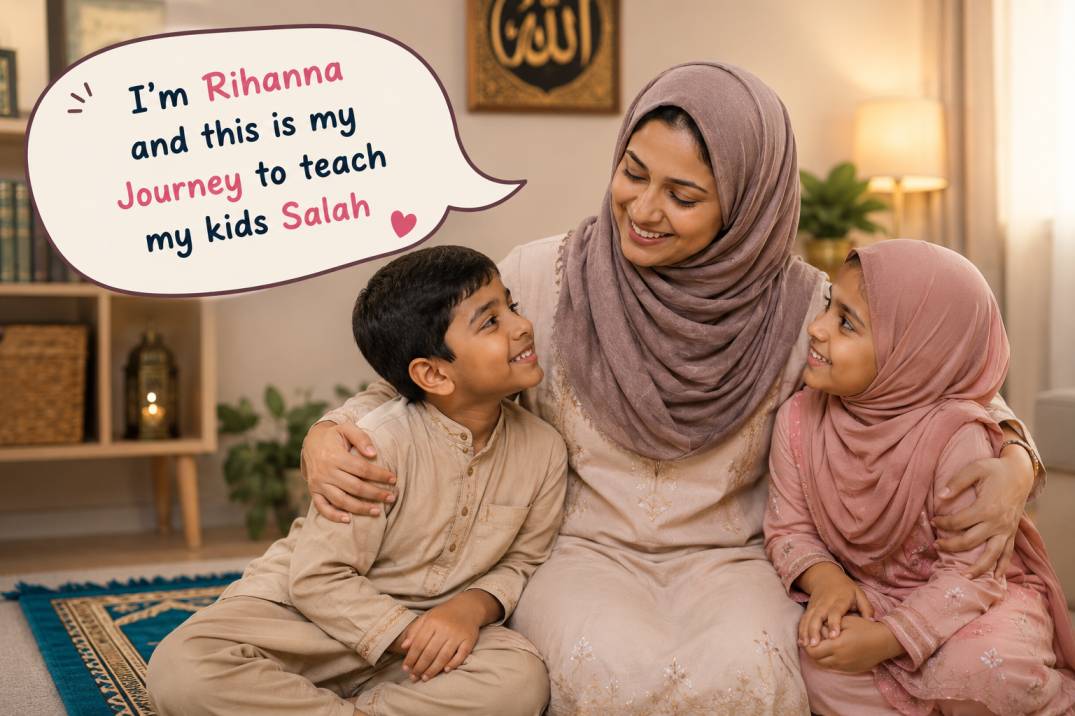 Muslim mother teaching her young son and daughter how to pray salah at home