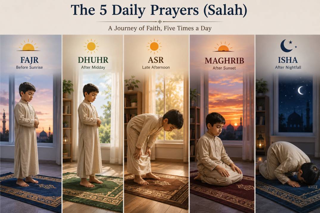 Chart of the five daily prayers in Islam with their times and number of rak'ahs for children