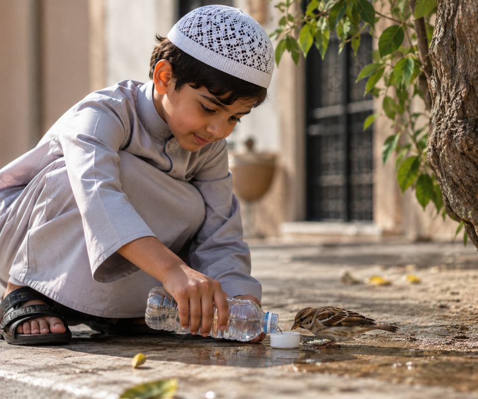 A Muslim child gently caring for a cat, illustrating kindness to animals in Islam