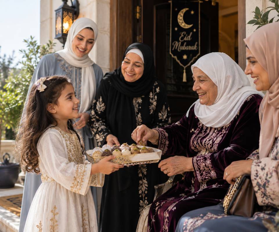 A Muslim child giving generously to someone in need, an act of empathy and mercy in Islam