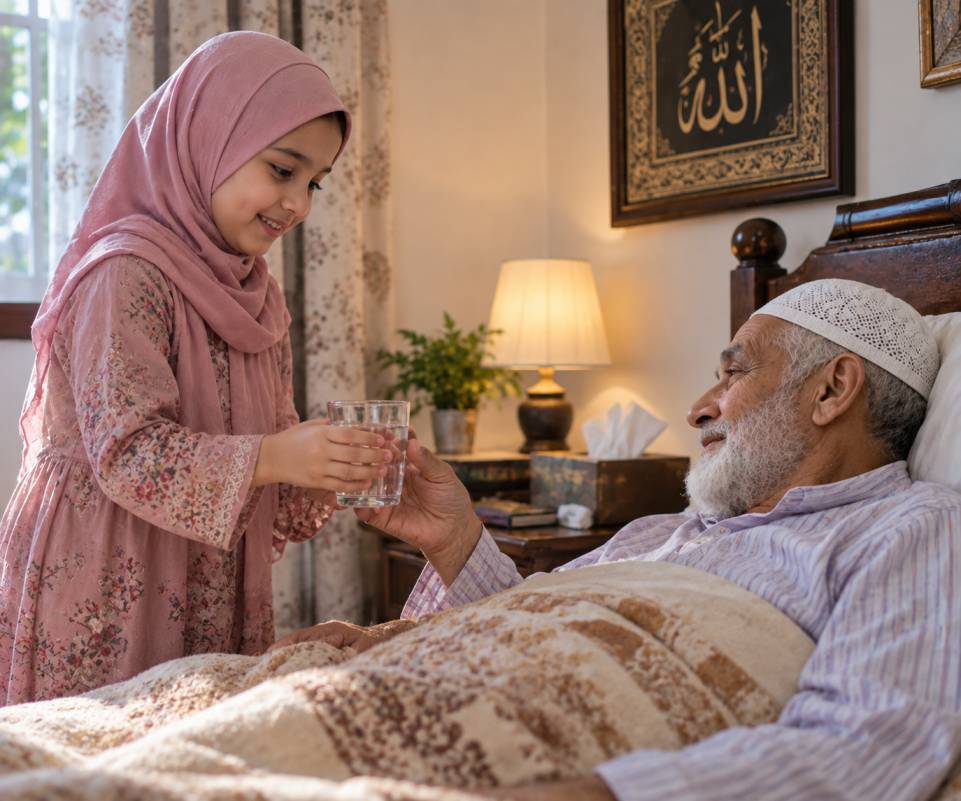 A Muslim child caring for his elderly grandfather while he is unwell, an example of respect for elders in Islam
