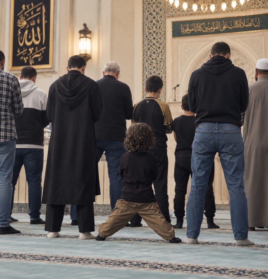 A Muslim child praying Salah beside a parent at home, learning to love prayer through warmth and routine