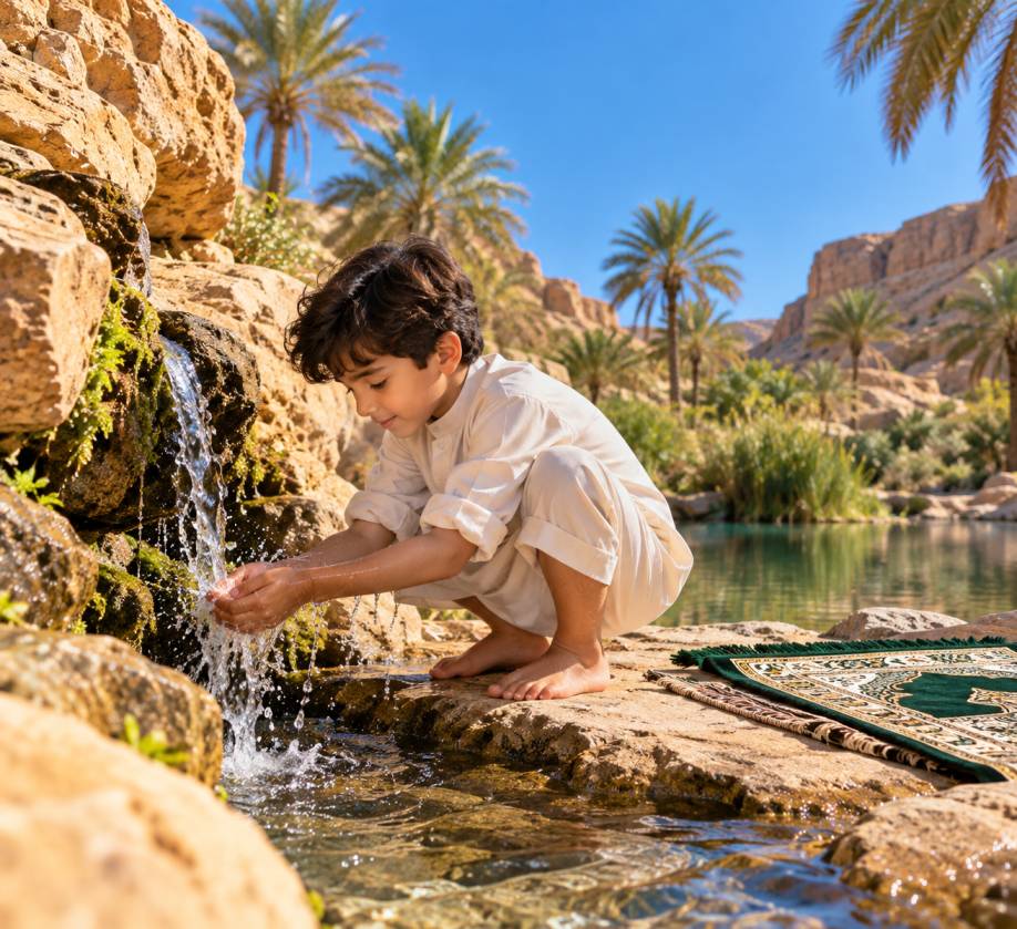 A Muslim parent teaching a child how to perform Wudu at the sink