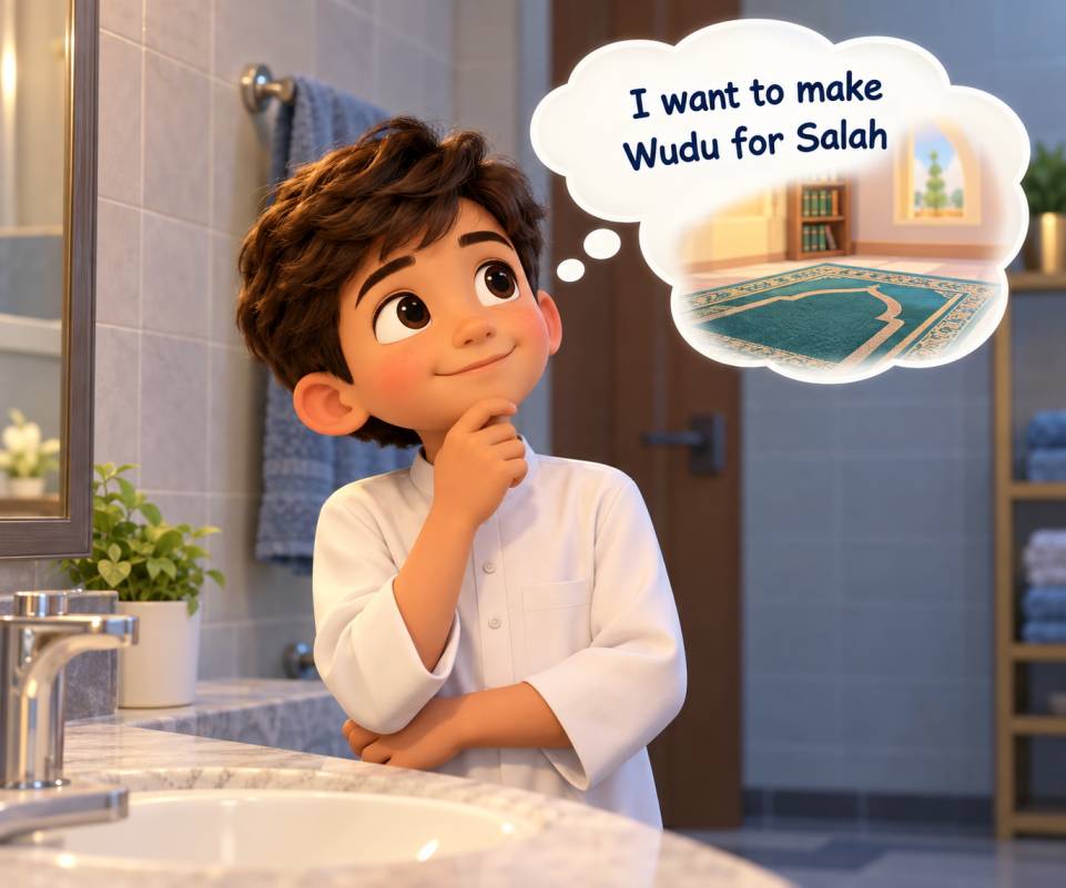 A parent kneeling beside a child at the sink, explaining the intention before Wudu
