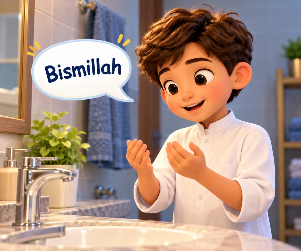A child saying Bismillah before starting Wudu
