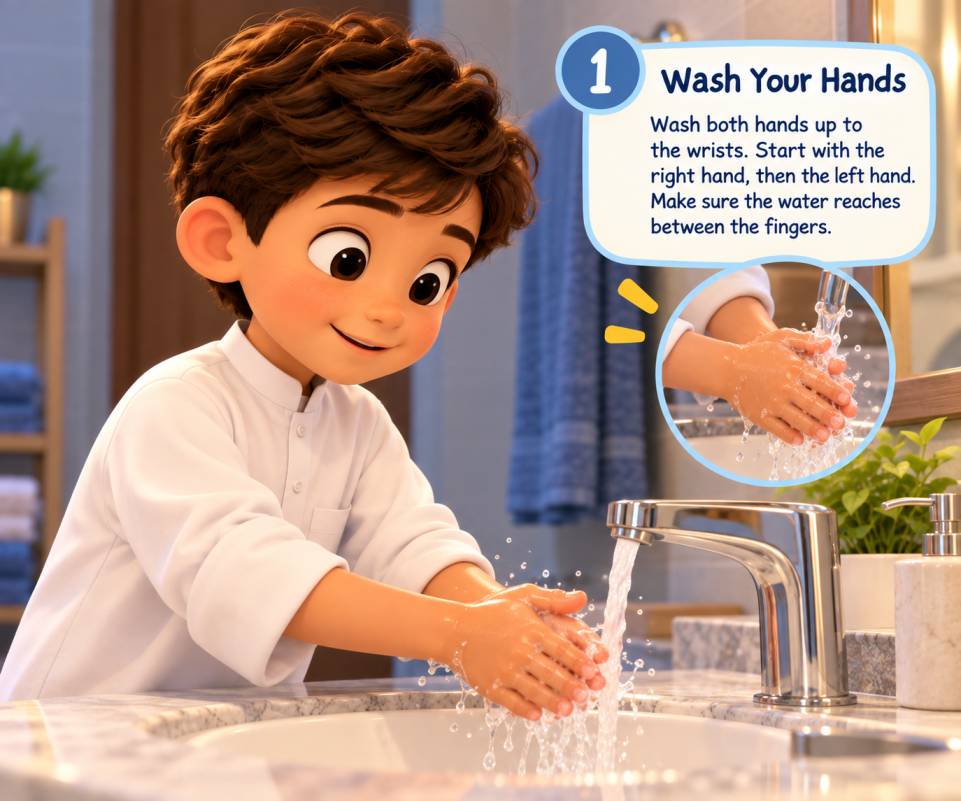 A child washing both hands up to the wrists during Wudu