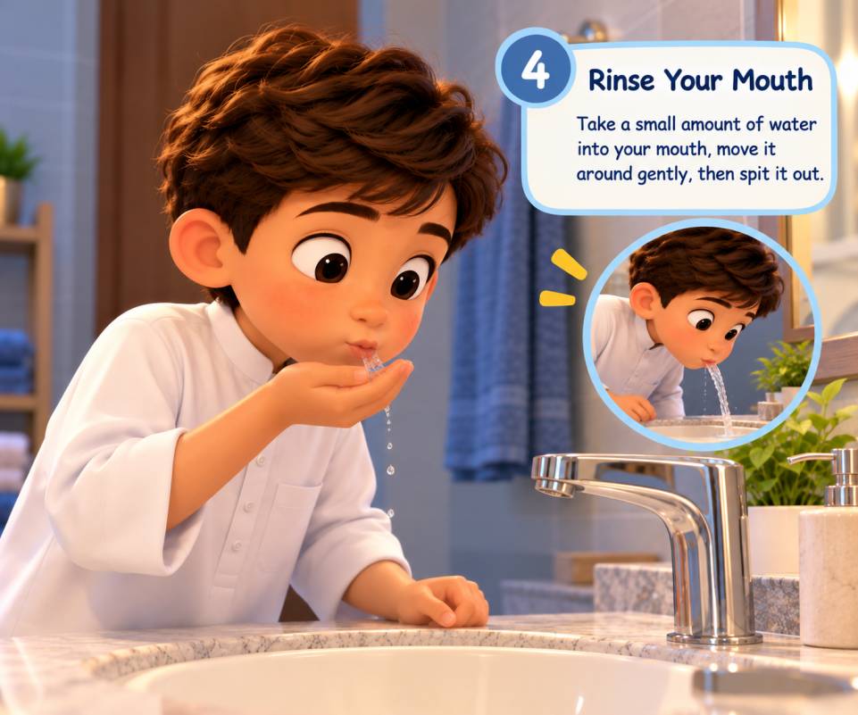 A child rinsing the mouth with water during Wudu