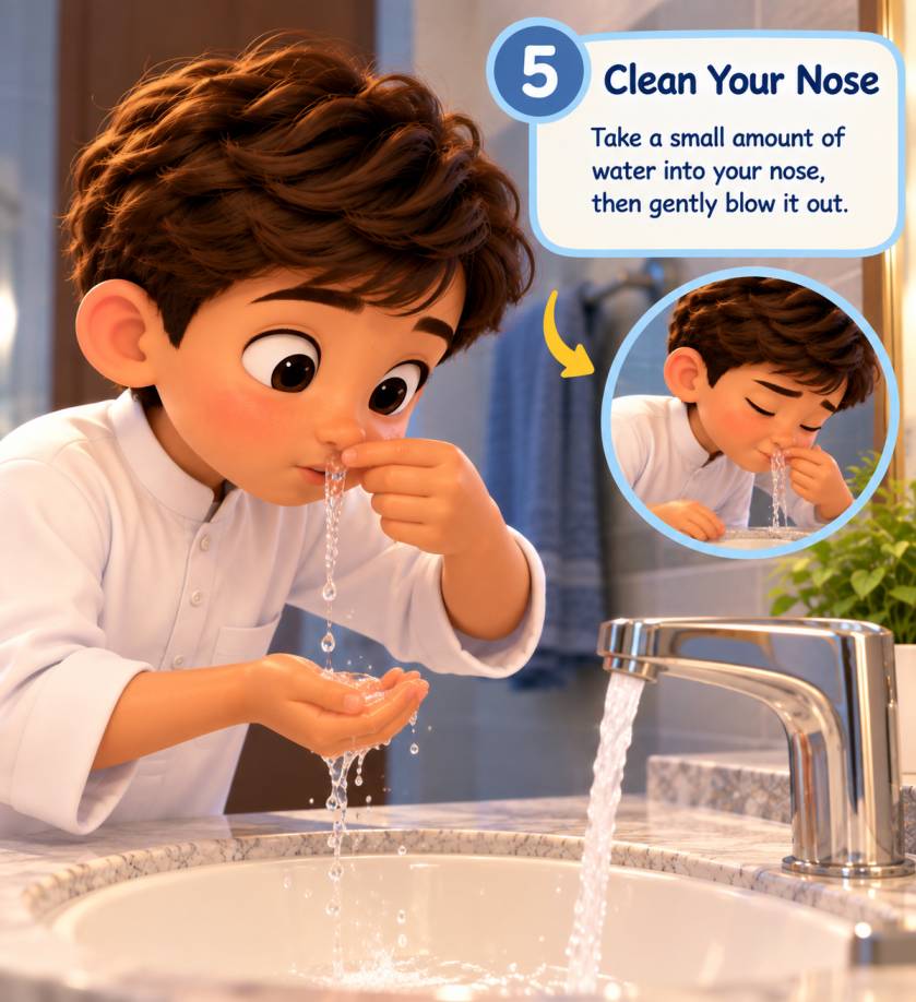 A child gently cleaning the nose with water during Wudu