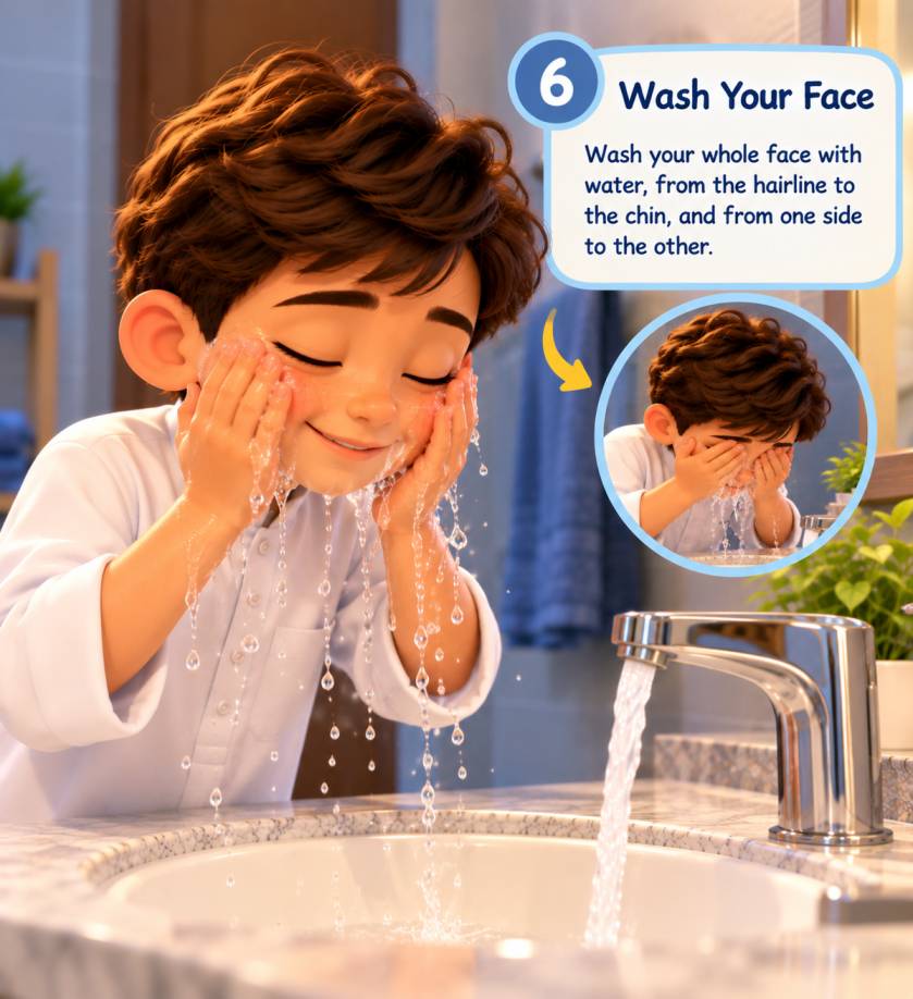 A child washing the whole face from hairline to chin during Wudu