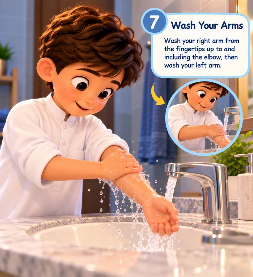 A child washing the right arm up to the elbow during Wudu