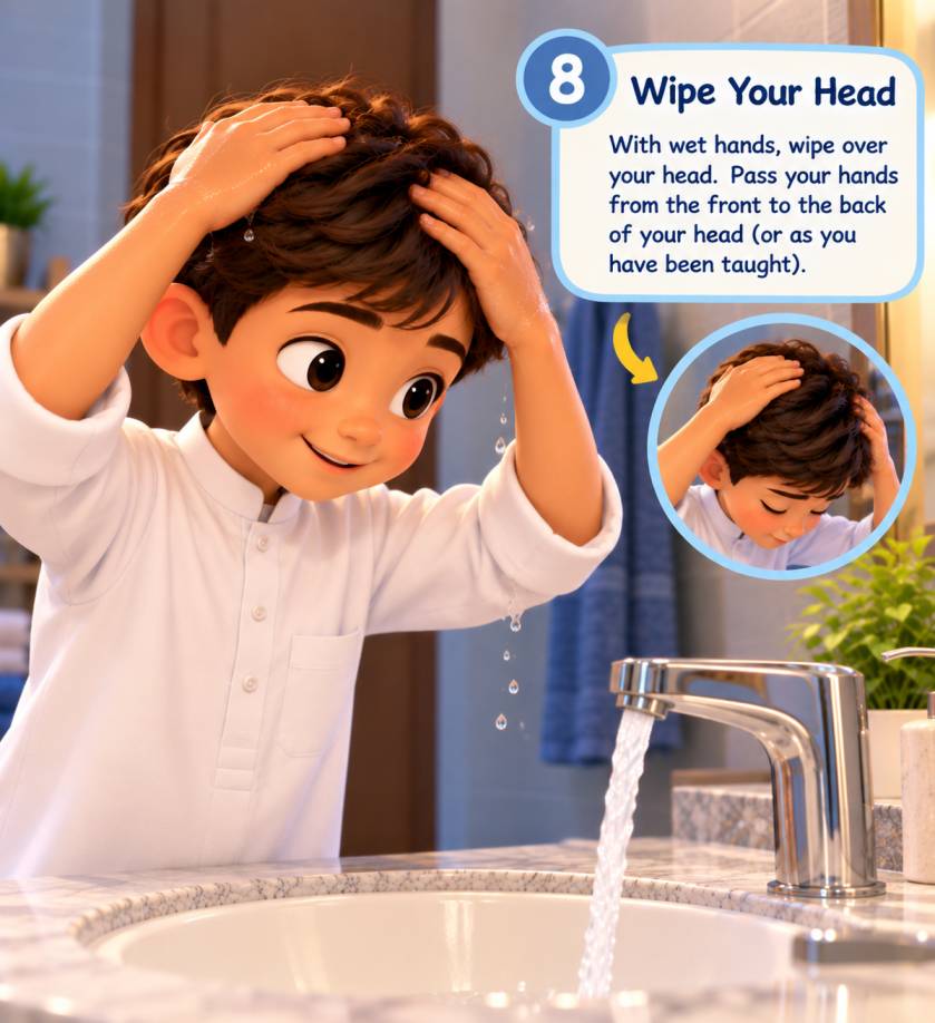 A child wiping over the head with wet hands during Wudu