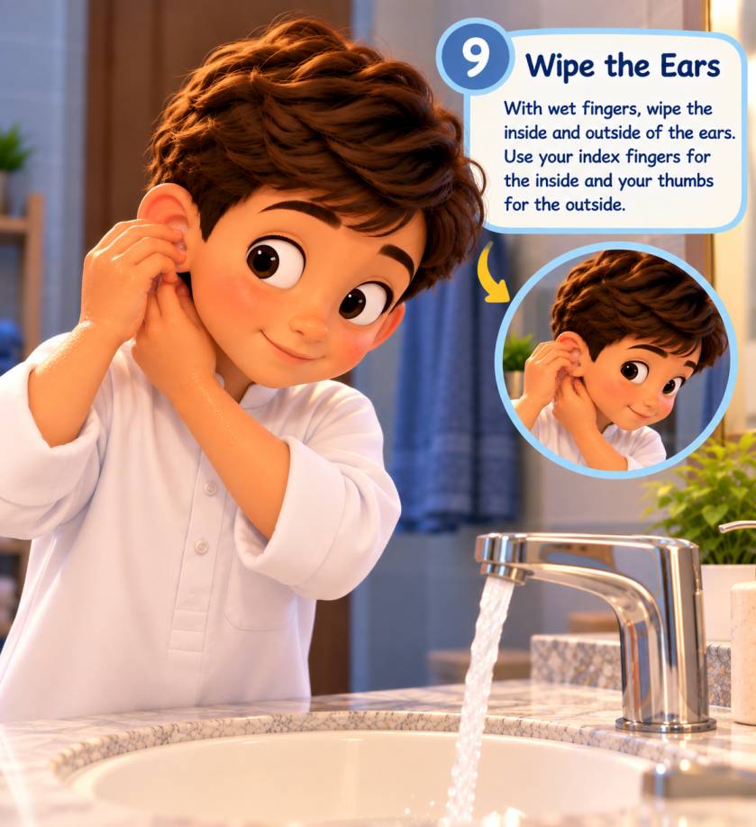A child wiping the inside and outside of the ears during Wudu