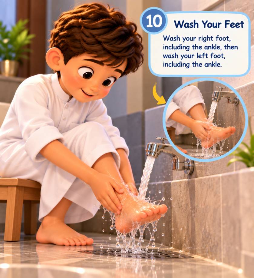 A child washing the feet up to the ankles during Wudu