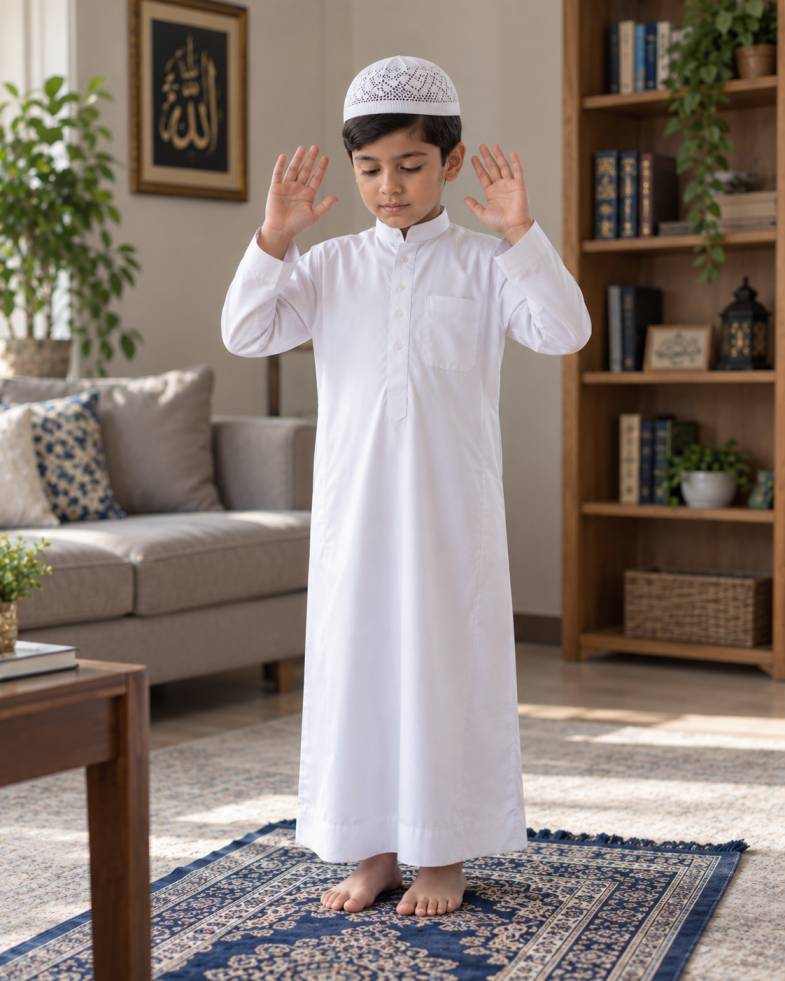 Illustration of Takbirat al-Ihram: standing upright facing the Qiblah with both hands raised to shoulder level to begin Salah