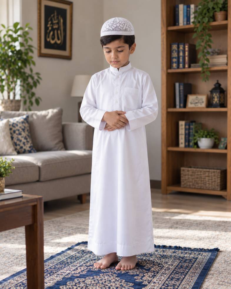 Illustration of the standing position in Salah with the right hand placed over the left hand above the navel and below the chest