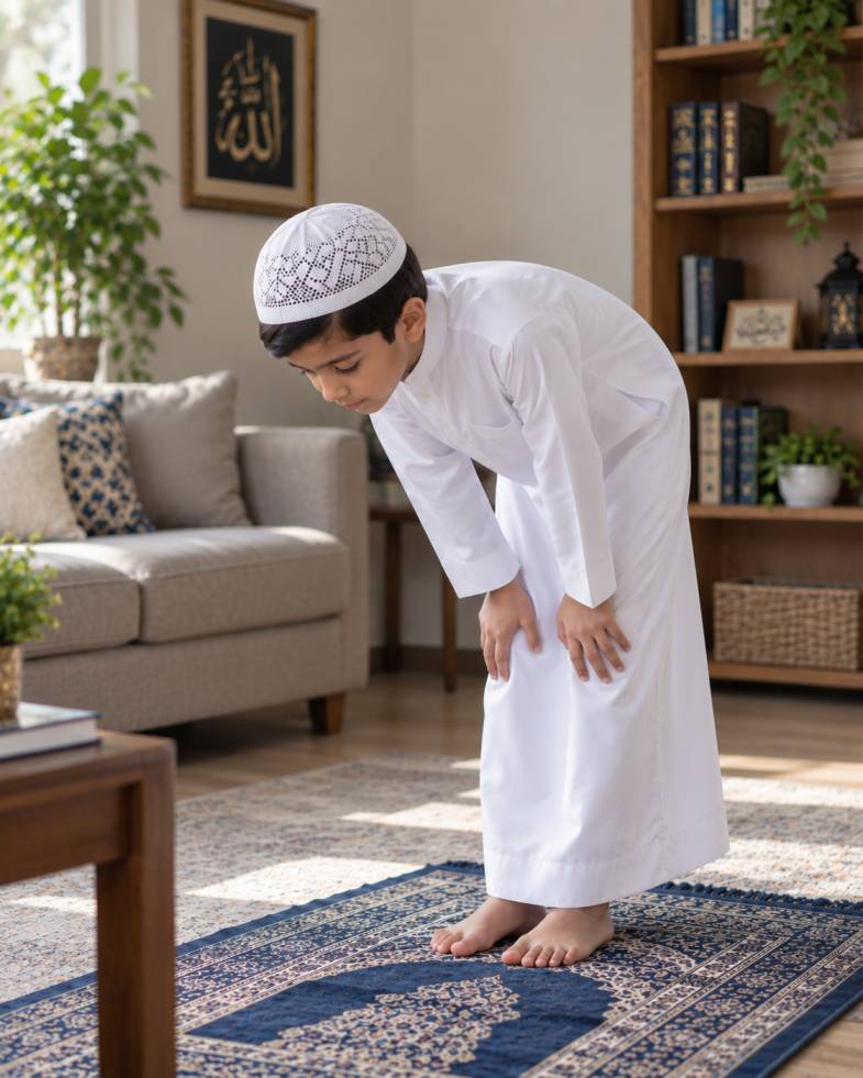 Illustration of Ruku in Salah: bowing with a straight back roughly horizontal and hands on the knees