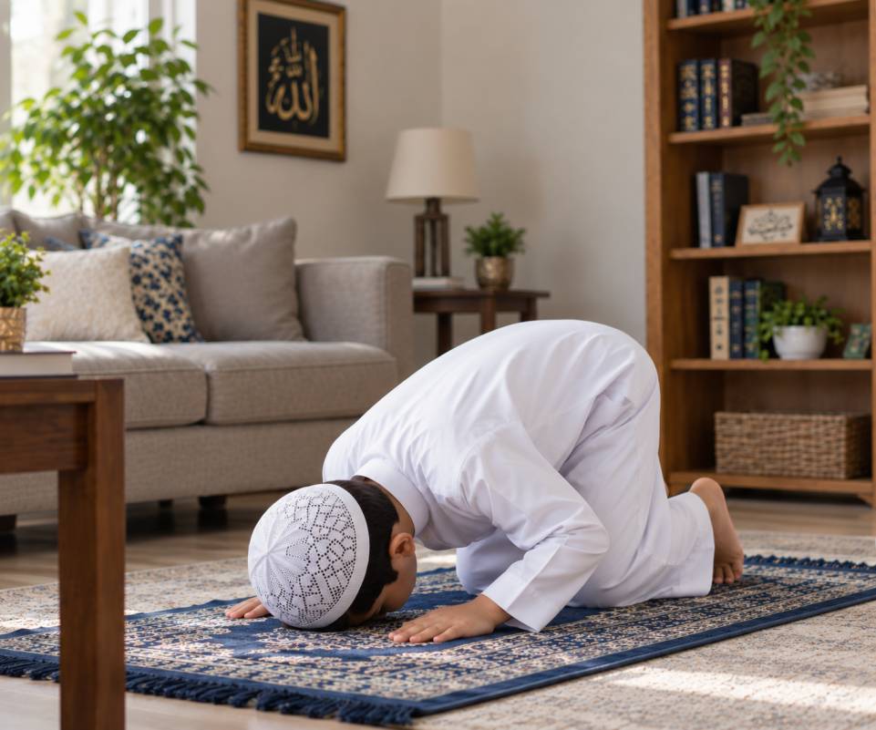 Illustration of Sujud in Salah: forehead and nose on the ground, elbows raised, arms away from the sides