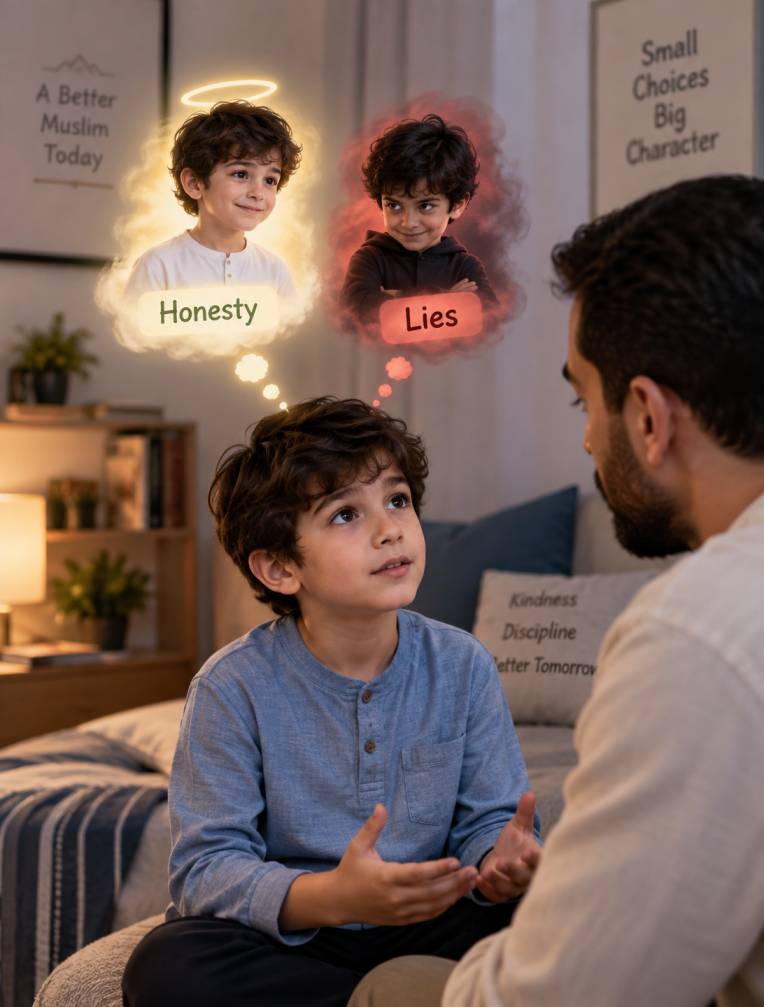 Muslim parent and child talking honestly at home — teaching honesty and sidq in Islam to children